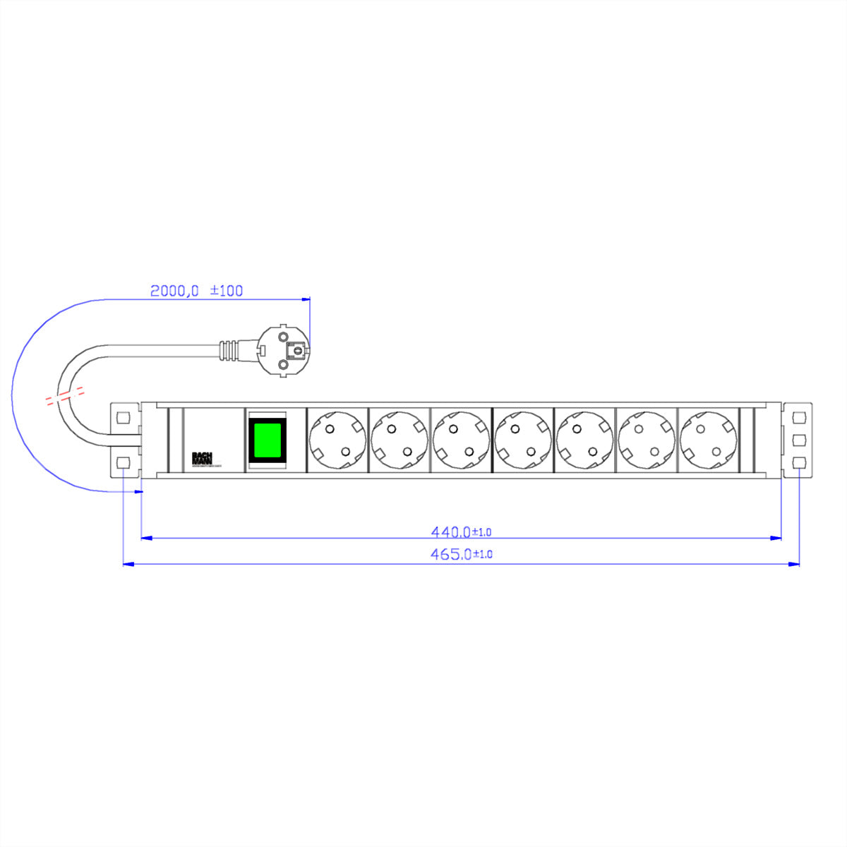 Bachmann 19" Rack-Steckdosenleiste 7× Schutzkontakt (CEE 7/3) – Schalter, Winkelstecker CEE 7/7, 2,0 m