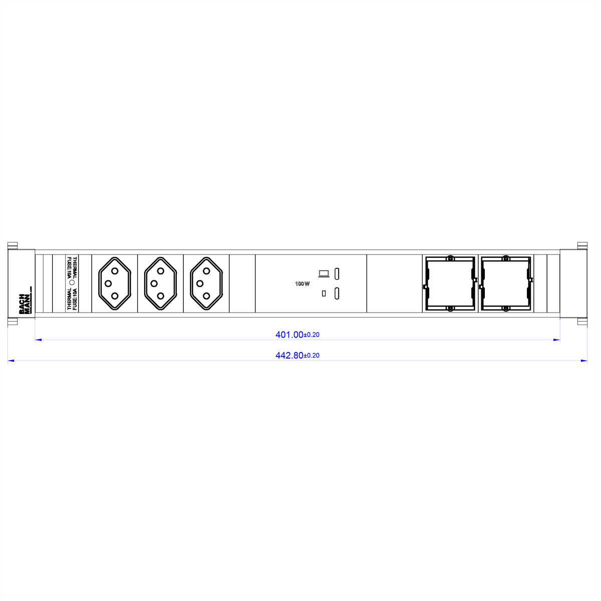 Bachmann Einbausteckdosenleiste, 3×T13, 2×USB-C, Einbau, 0,2 m – schwarz