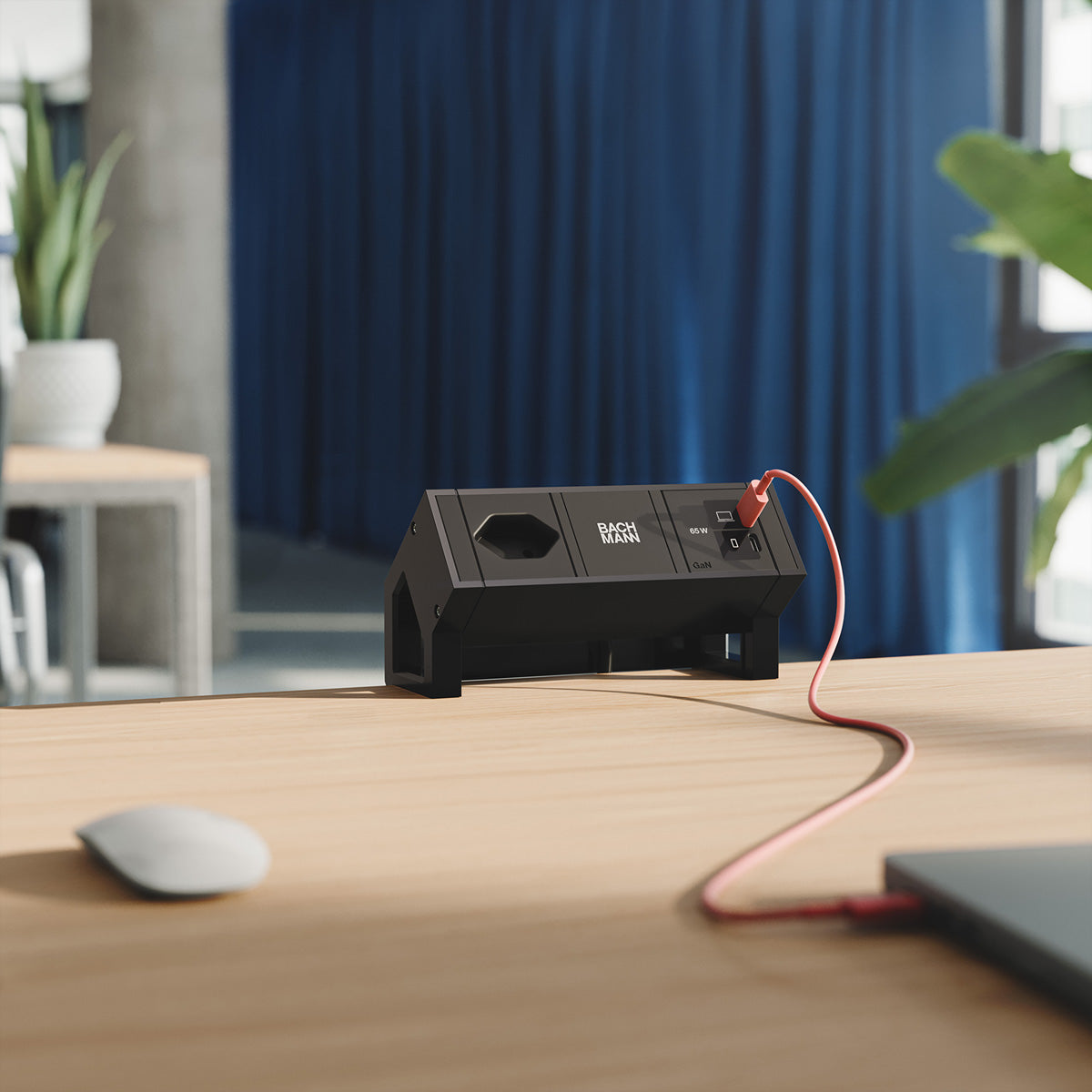 Bachmann DESK2 Tischsteckdosenleiste, 1×T13, 2×USB-C, 65 W, 0,2 m – schwarz