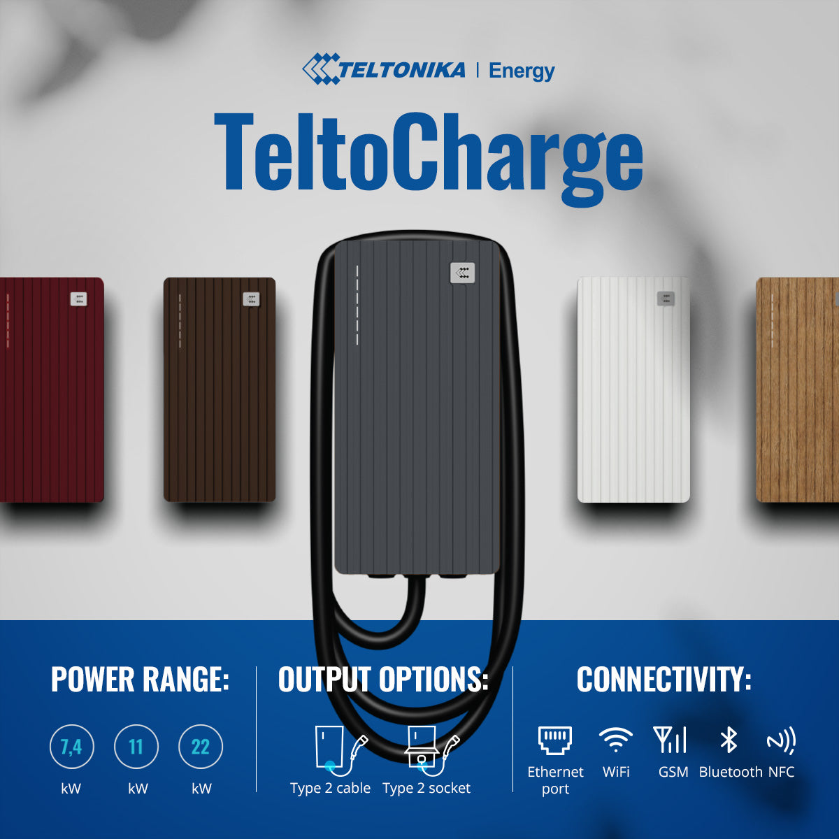 Teltonika TeltoCharge EVC100 Ladestation – 7,4 kW, 1-phasig, Typ-2-Dose, 32 A, Wandmontage, IK10, Schwarz