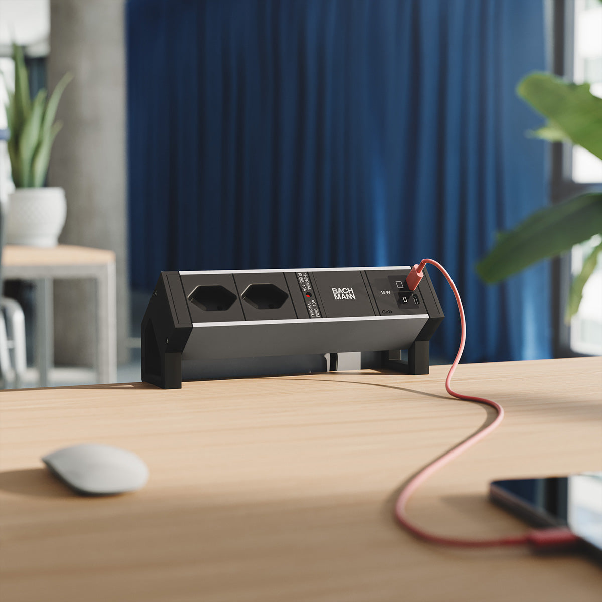 Bachmann DESK2 – Steckdosenleiste, 2× T13 90°, 2× USB, 1× USB‑C 45 W, 0,2 m, Stecker Wieland GST18