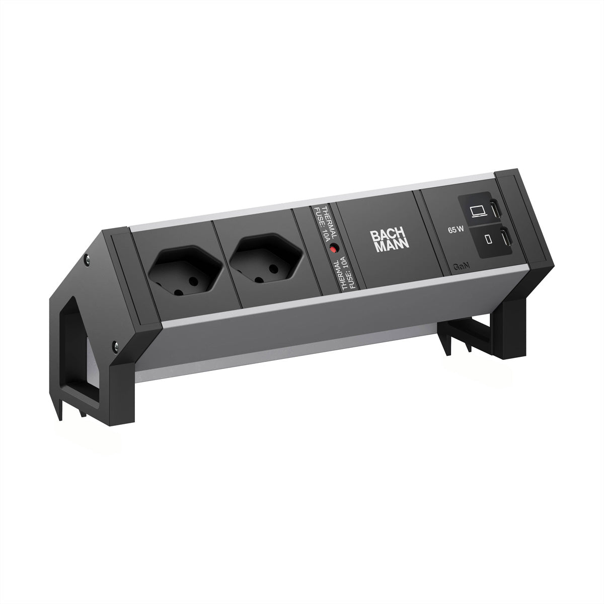 Bachmann DESK2 Tischsteckdosenleiste, 2×T13 90°, 2×USB-C, 0,2 m, Thermosicherung, Haltewinkel – Schwarz