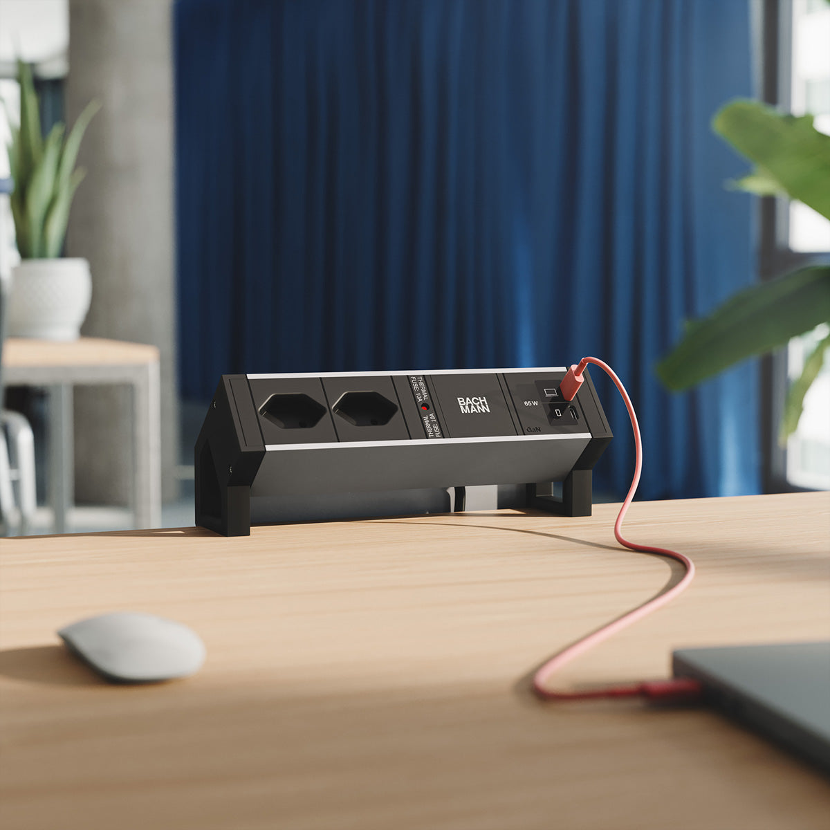 Bachmann DESK2 Tischsteckdosenleiste, 2×T13 90°, 2×USB-C, 0,2 m, Thermosicherung, Haltewinkel – Schwarz