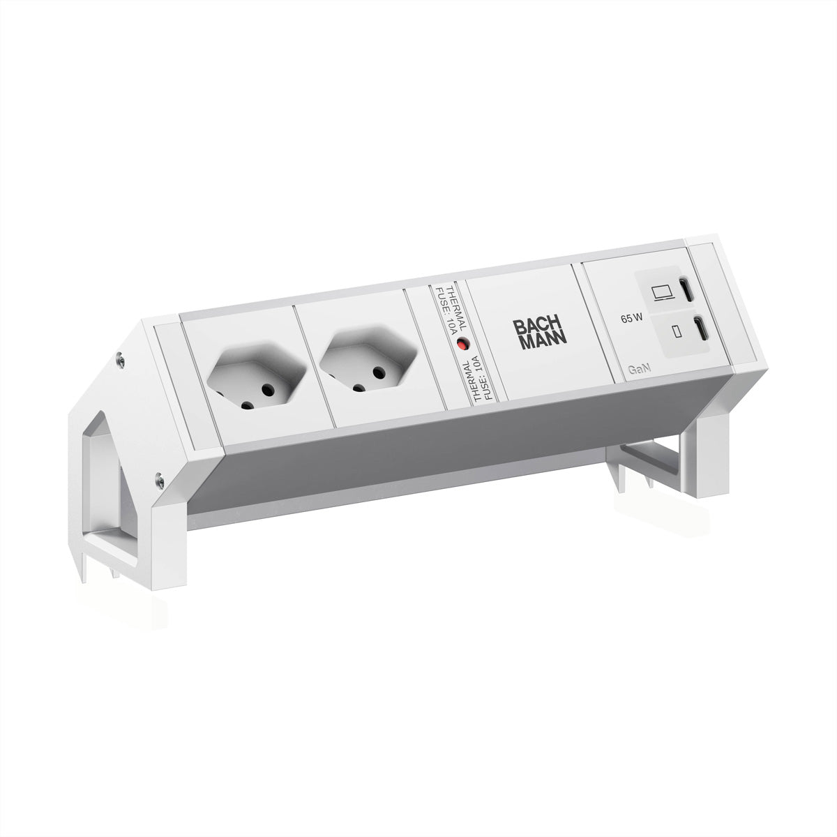 Bachmann DESK2 Steckdoseneinheit – 2×T13 90°, USB-C 65 W, 0,2 m, Tisch/Einbau, Weiss (RAL 9010)