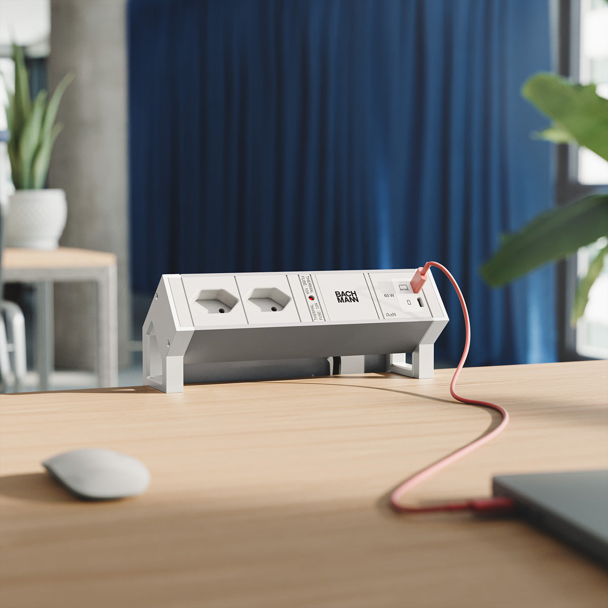 Bachmann DESK2 Steckdoseneinheit – 2×T13 90°, USB-C 65 W, 0,2 m, Tisch/Einbau, Weiss (RAL 9010)