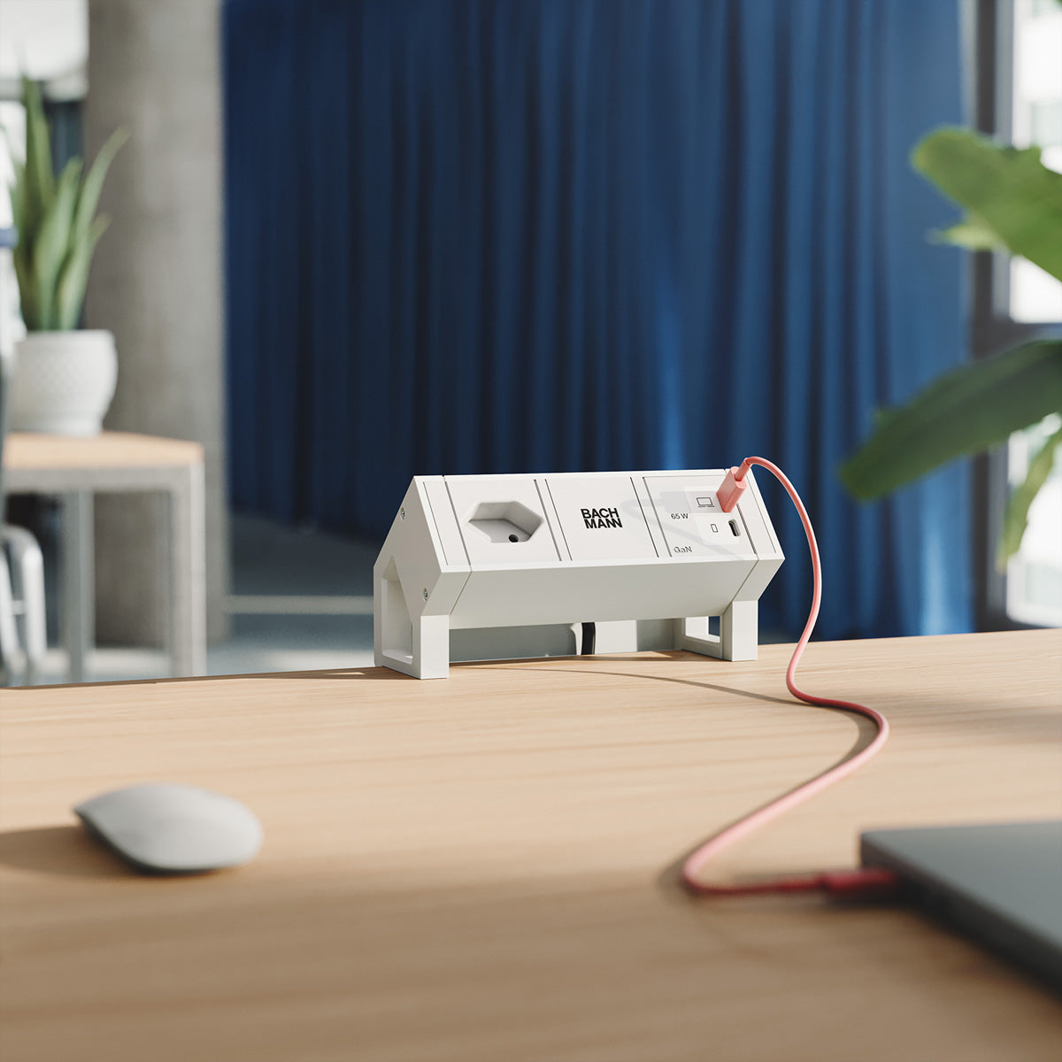 Bachmann DESK2 Tischsteckdosenleiste 1×T13, 2×USB-C PD 65 W, 0,2 m, mit Haltewinkel – Weiss