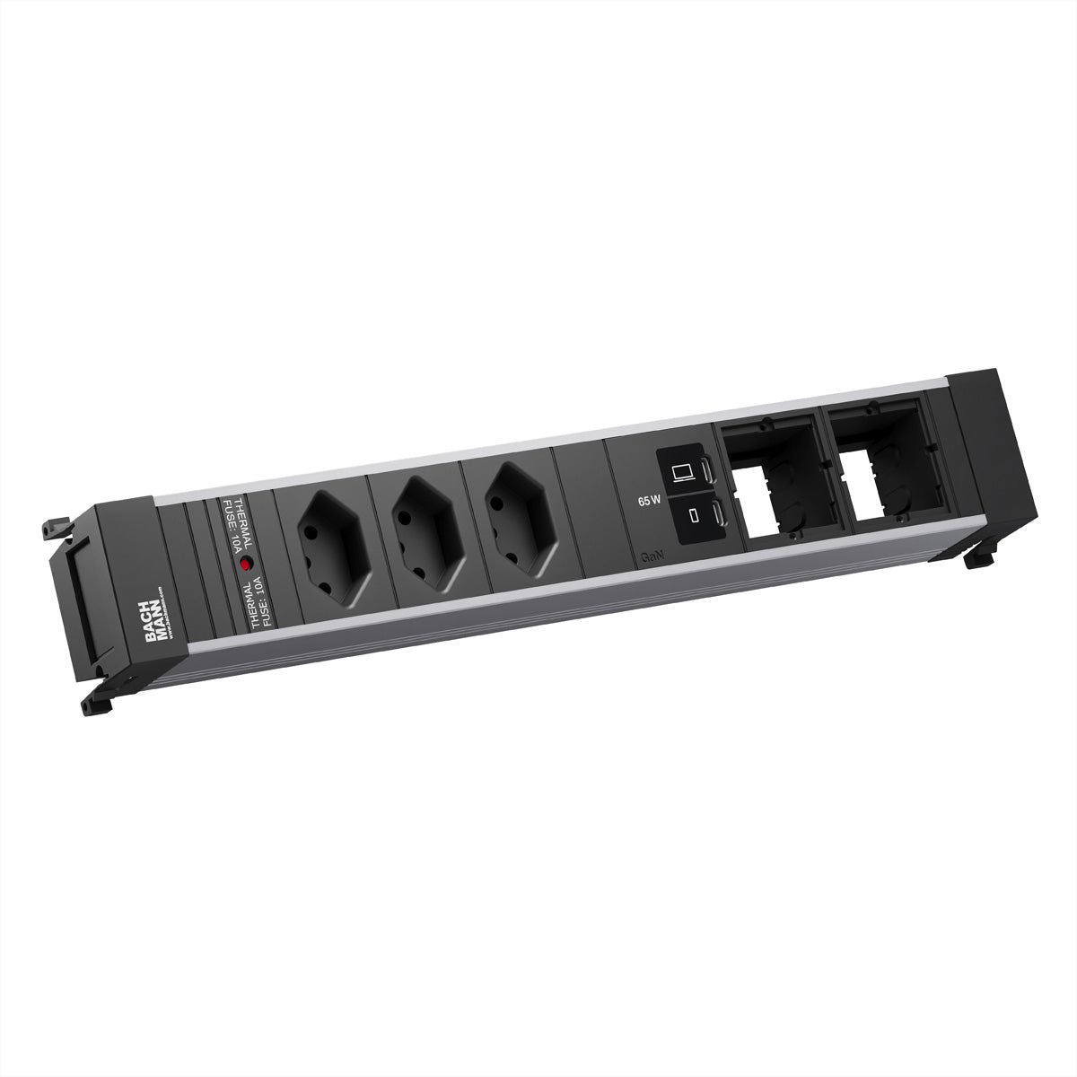 Bachmann POWER FRAME L Einbausteckdosenleiste, 3×T13, 2×USB-C, Einbau, 0,2 m, IP20 – Schwarz