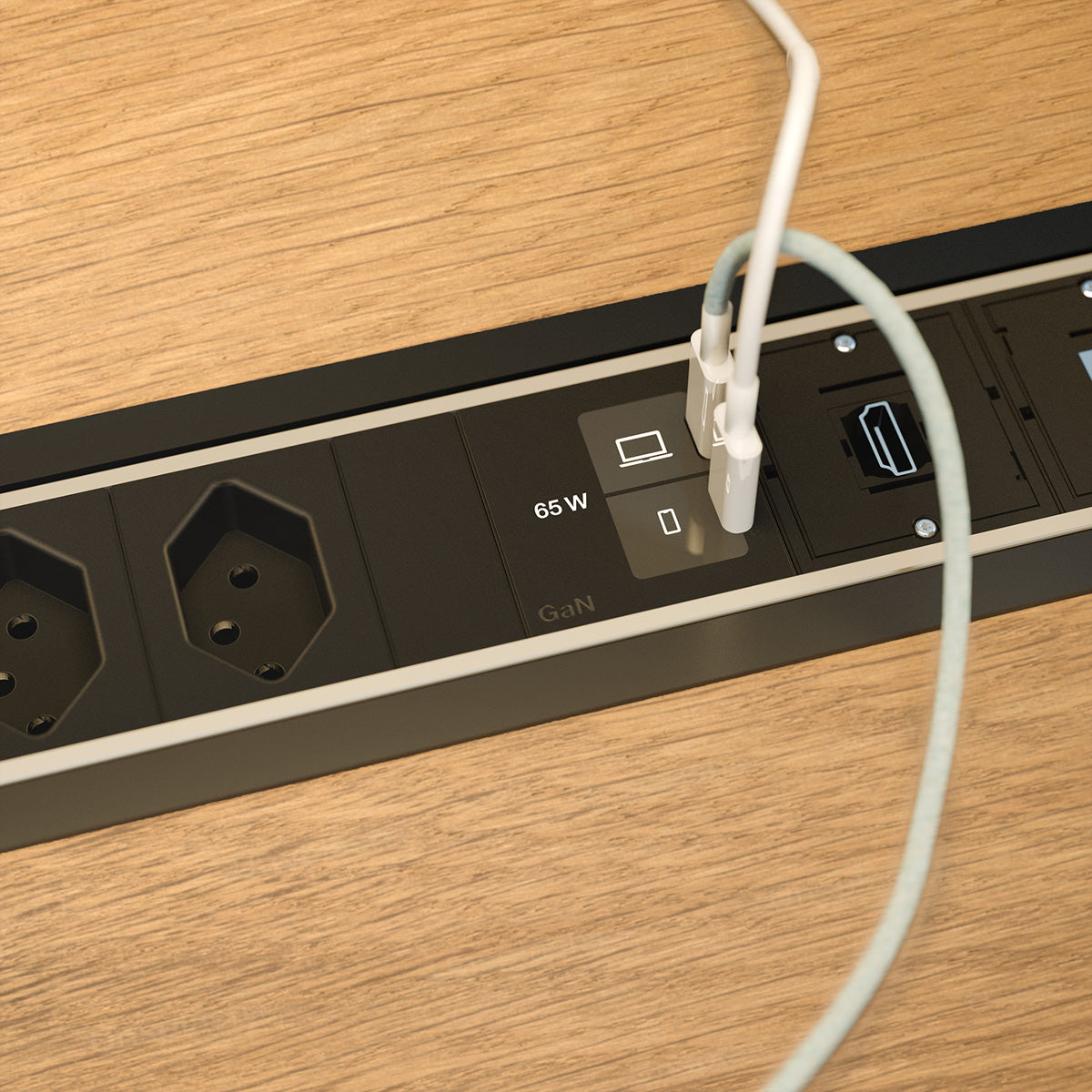 Bachmann POWER FRAME L Einbausteckdosenleiste, 3×T13, 2×USB-C, Einbau, 0,2 m, IP20 – Schwarz