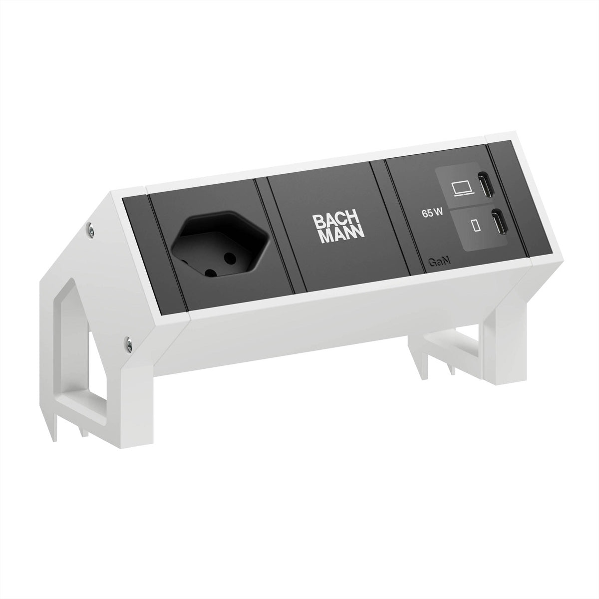 Bachmann DESK2 Tischsteckdosenleiste, 1×T13, 2×USB-C PD 65 W, 0,2 m, Aluminium, ohne Schalter – weiss