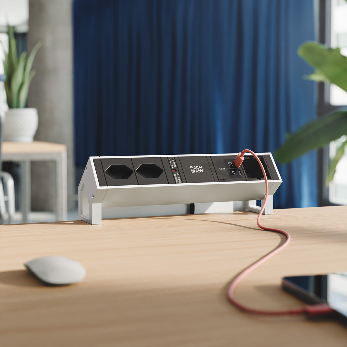 Bachmann DESK2 Steckdosenleiste T13×2 – USB‑C×2, 45 W – Kabellänge 0,2 m – Edelstahl