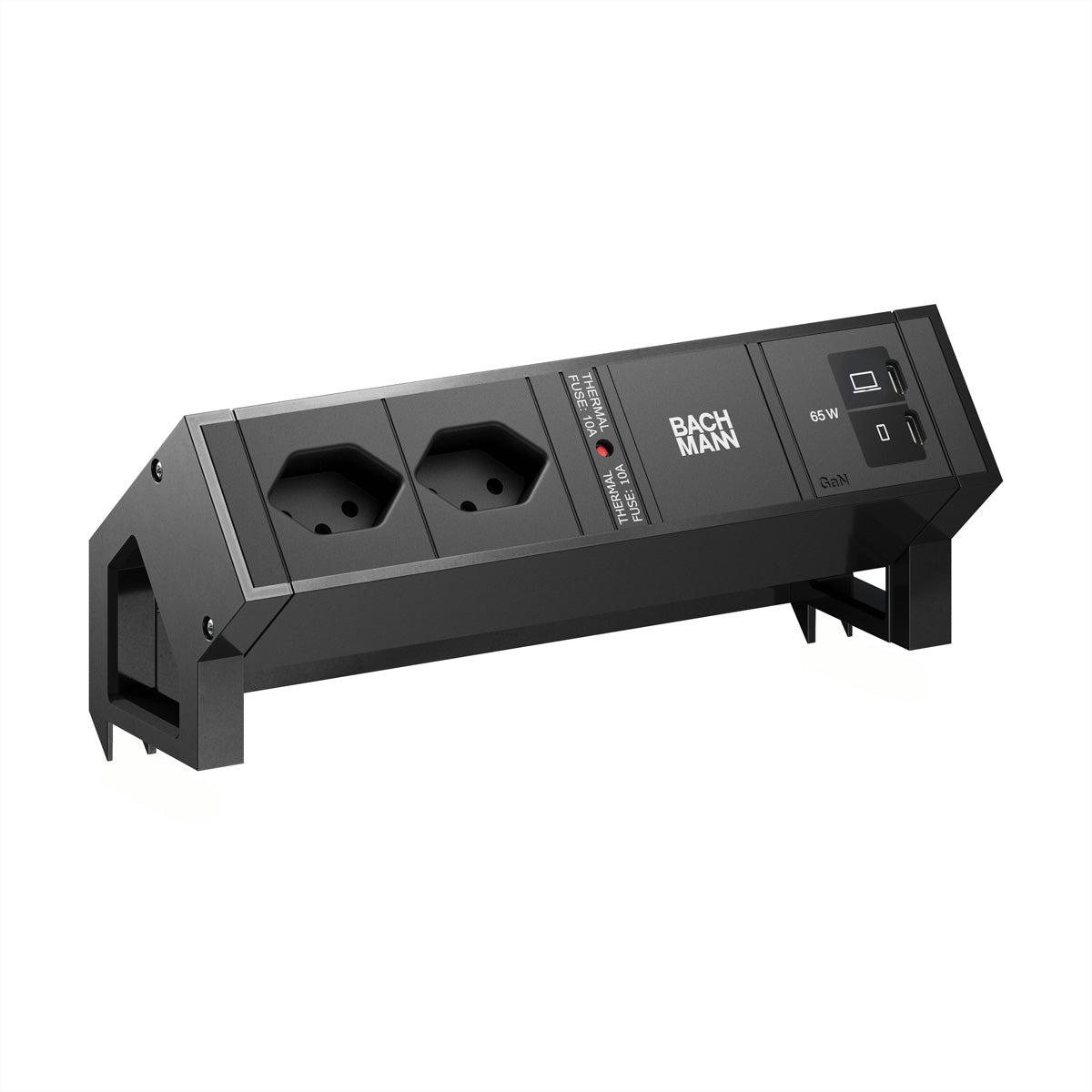 Bachmann DESK2 Tischsteckdosenleiste, 2×T13, 2×USB-C PD 65 W, 0,2 m, Aluminium – Schwarz