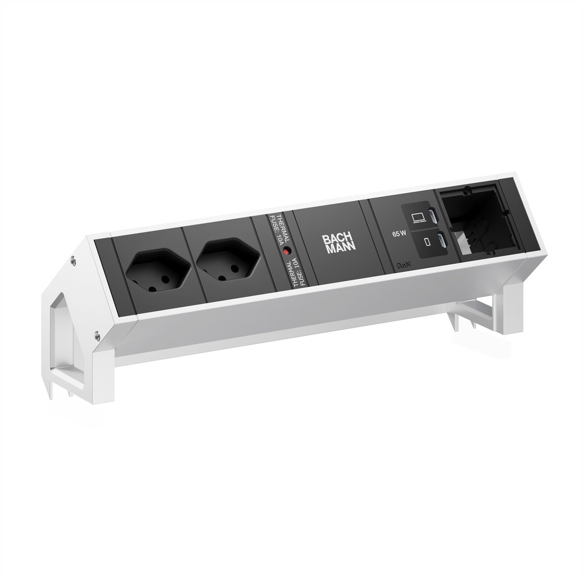 Bachmann DESK2 Tischsteckdosenleiste, 2×T13 90°, 2×USB-C PD 65 W, 0,2 m – Silberfarben