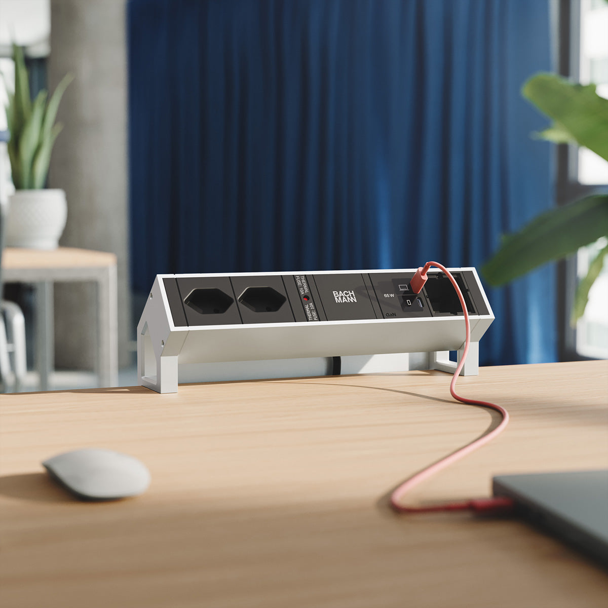 Bachmann DESK2 Tischsteckdosenleiste, 2×T13 90°, 2×USB-C PD 65 W, 0,2 m – Silberfarben
