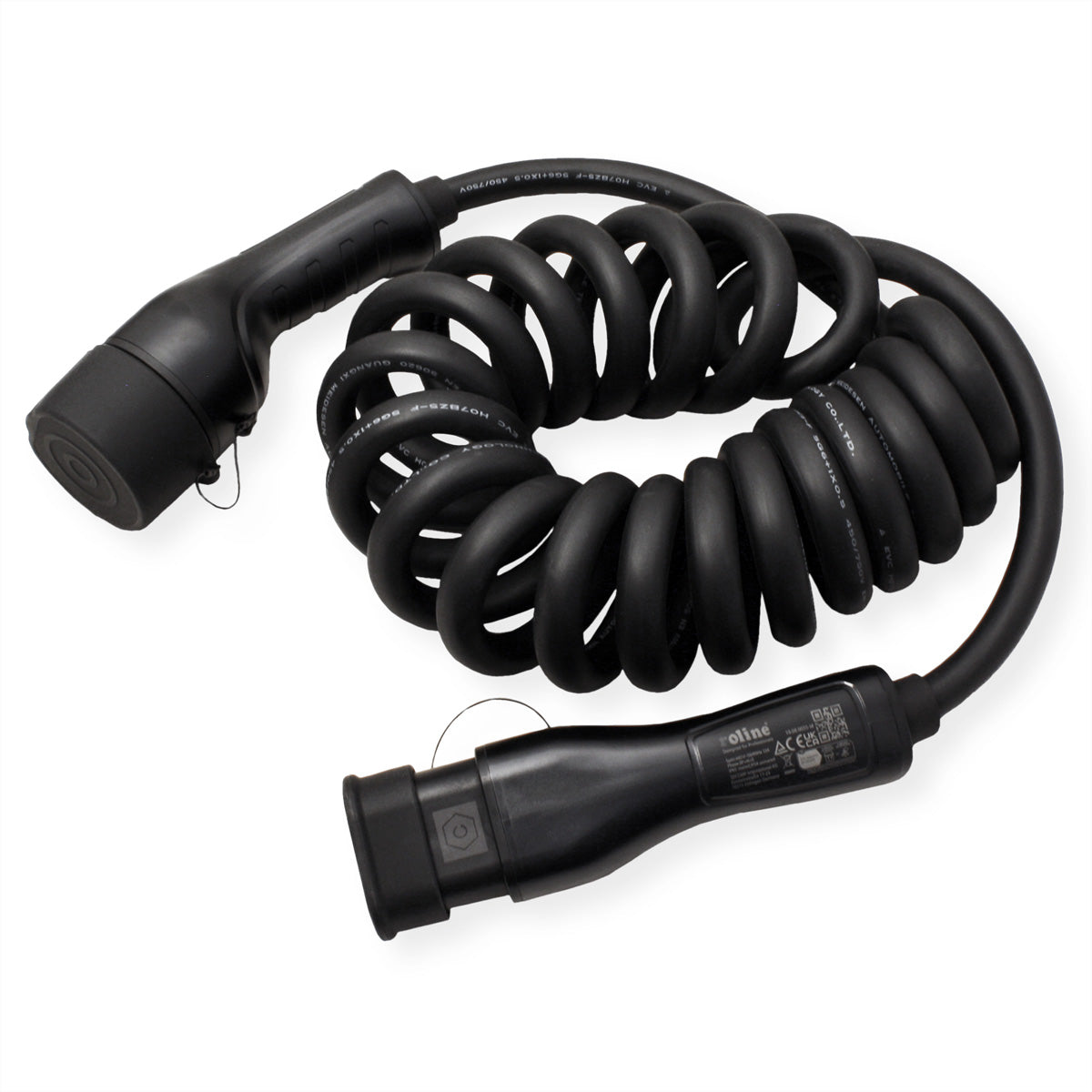 ROLINE Typ 2 Stromkabel – Typ 2–Typ 2, 5 m (spiralförmig, max. 3 m), 3-phasig, 11 kW/16 A, schwarz