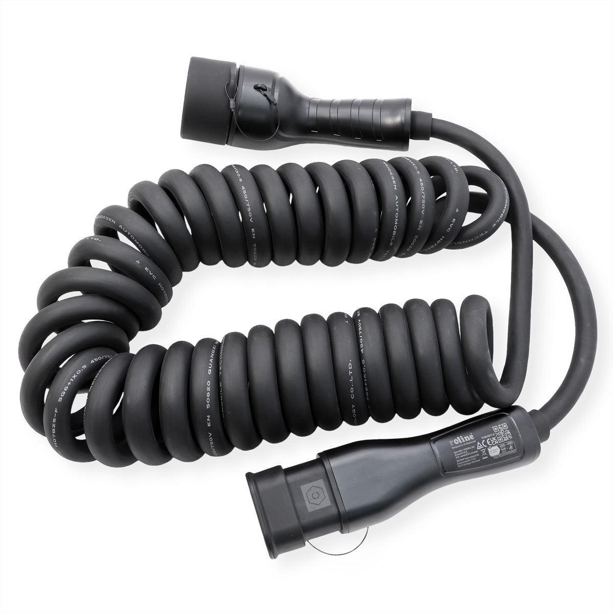 ROLINE Typ 2 Stromkabel – Typ 2–Typ 2, 7,5 m, 22 kW/32 A, spiralförmig, IP65/IP54, schwarz