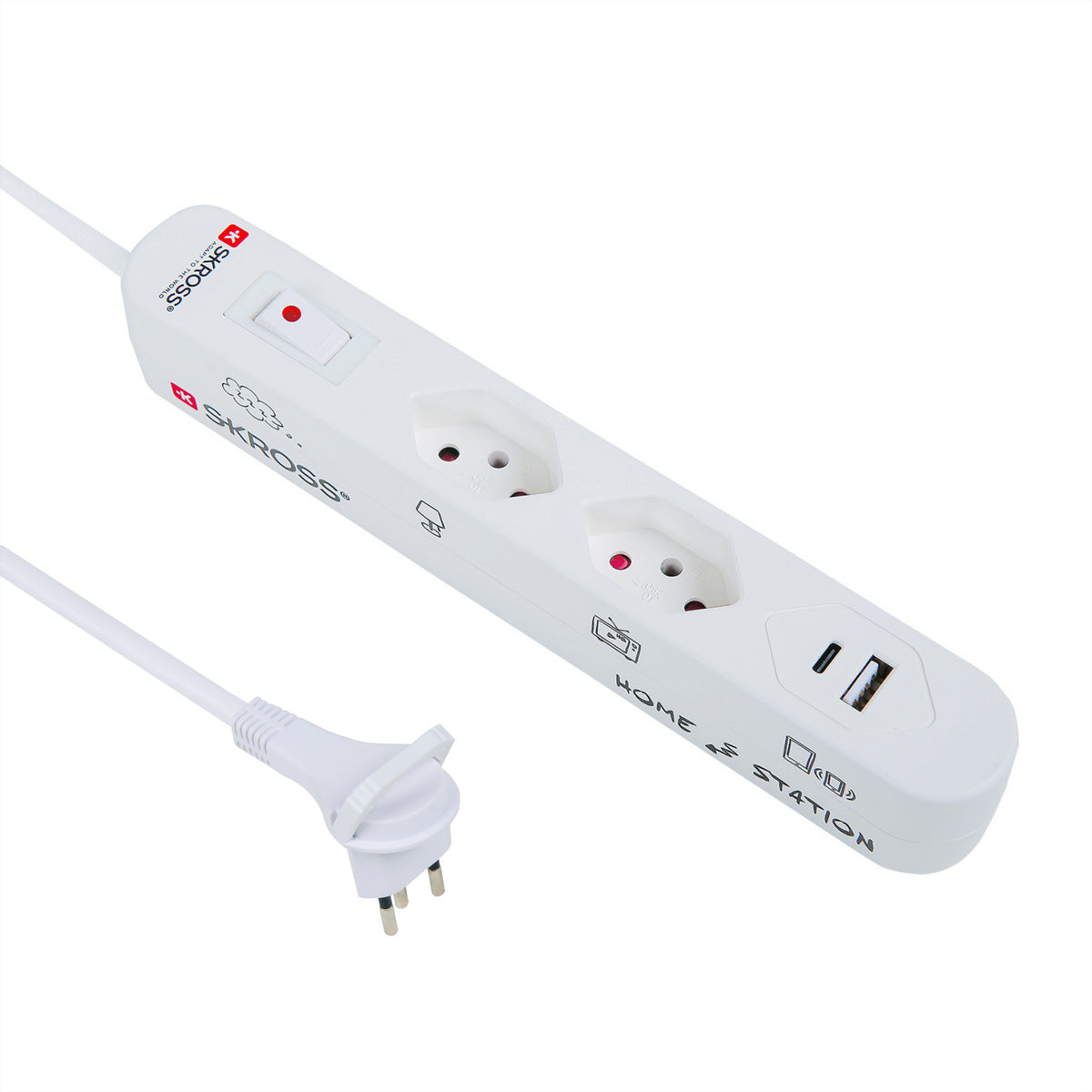 Skross Steckdosenleiste, 2× T13, 1× USB-C + 1× USB-A, mit Schalter, grau