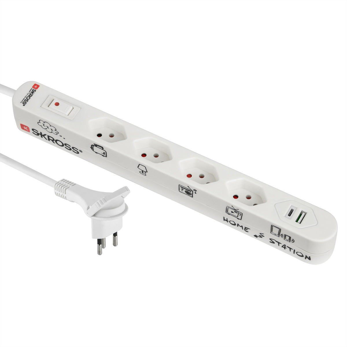Skross Steckdosenleiste, 4× T13, 1× USB-C, 1× USB-A, mit Schalter, Grau