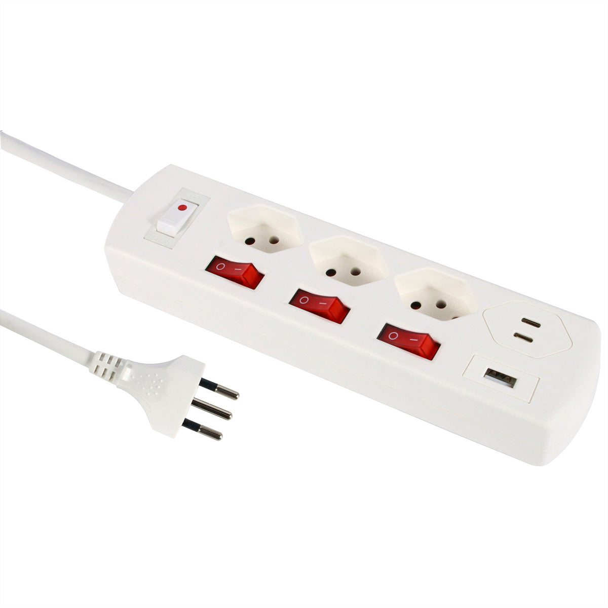 M. Schönenberger Schönenberger Principio+ Steckdosenleiste – 3×T13, 1×USB‑A 20 W + 2×USB‑C PD 15 W, mit Schalter, 2 m – Weiss