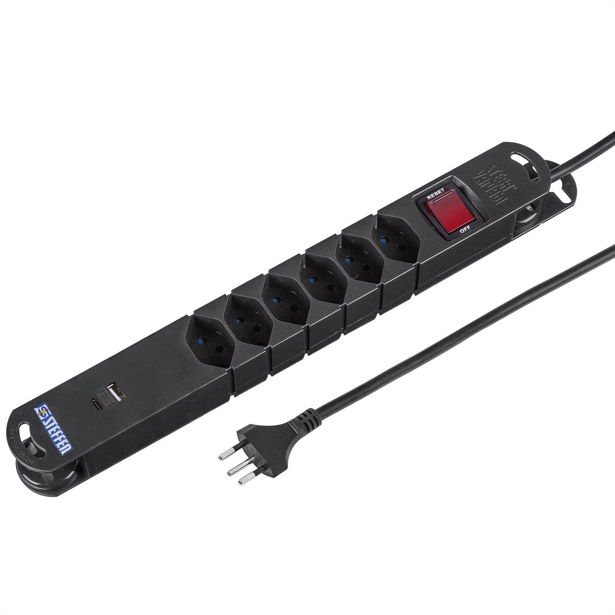 Steffen Variabl – Steckdosenleiste, 6× T13, 1× USB‑A, 1× USB‑C, mit Schalter, 3 m