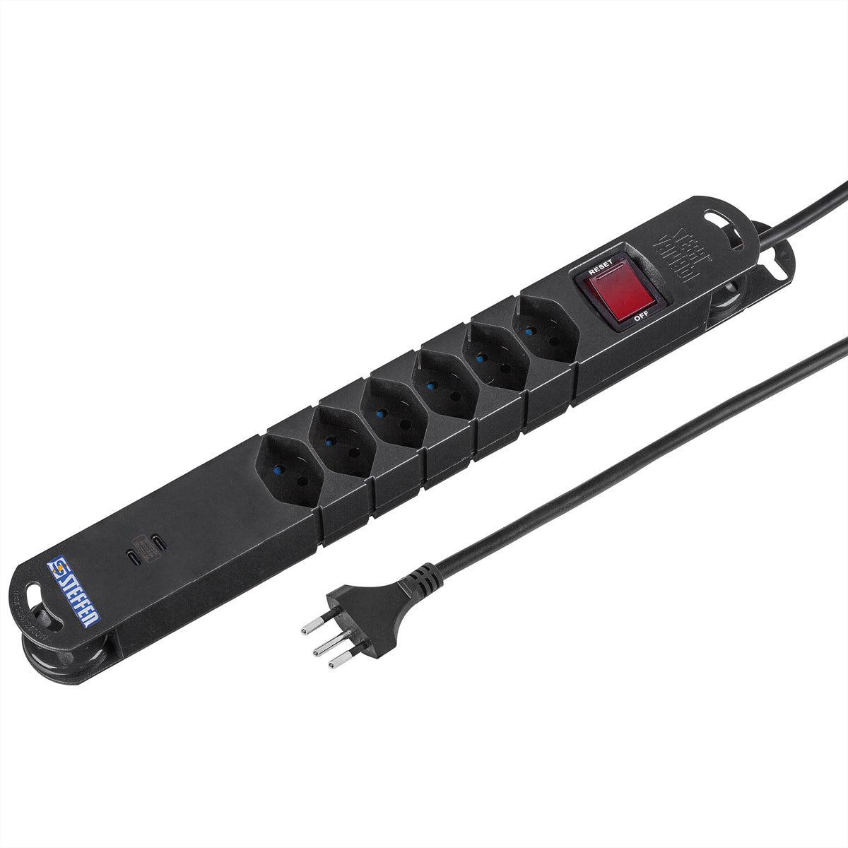 Steffen VARIABL Steckdosenleiste, 6×T13, 2×USB-C PD 18 W, mit Schalter, 3 m, Aufwickelvorrichtung – schwarz