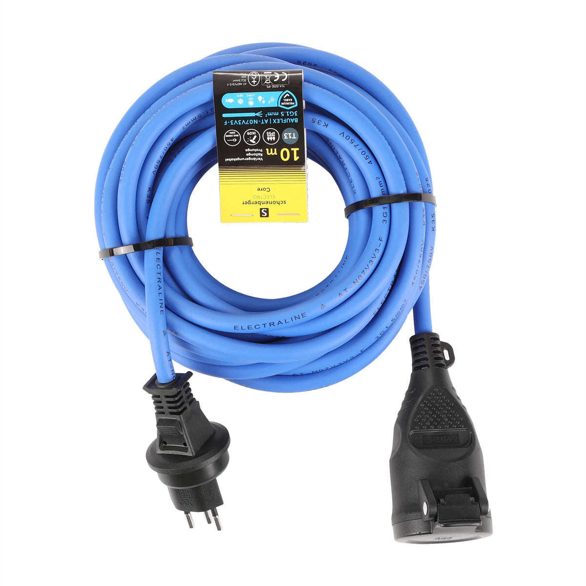 Blank Verlängerungskabel, T12–T13, 10 m, IP55, 3×1,5 mm² – Blau