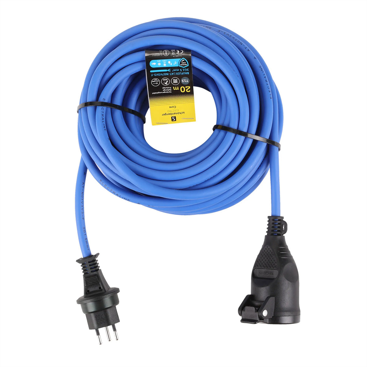 Blank Verlängerungskabel T12–T13, 20 m, IP55, 3×1,5 mm² – Blau