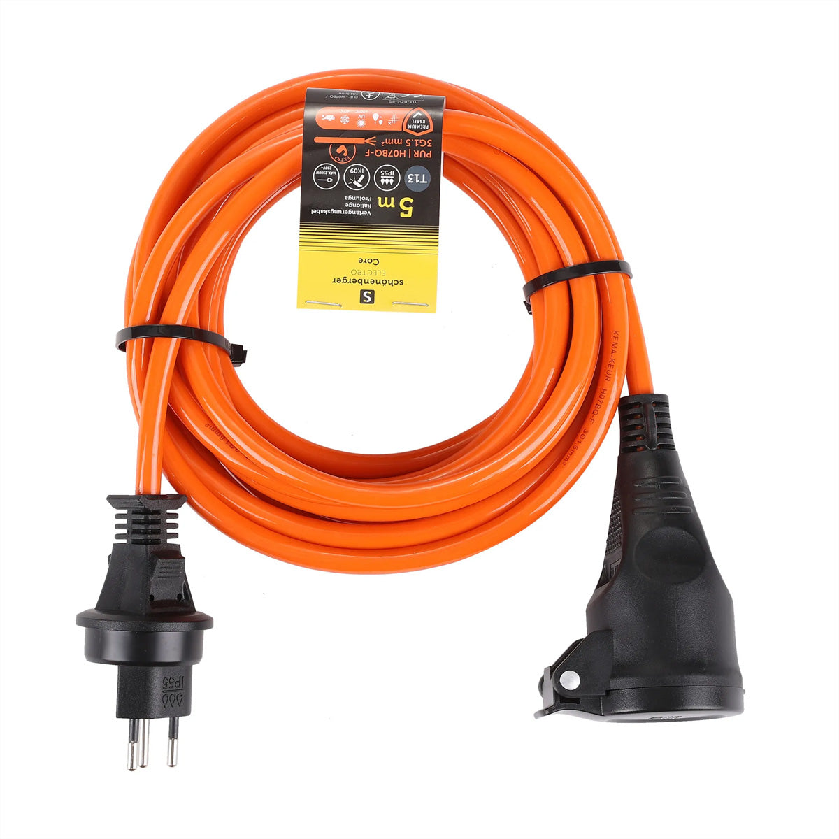 Blank Verlängerungskabel – T12–T13, 5 m, IP55, 3×1,5 mm², Orange