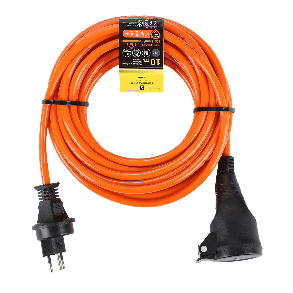 Blank Verlängerungskabel – T12–T13, 10 m, IP55, 3×1,5 mm², Orange