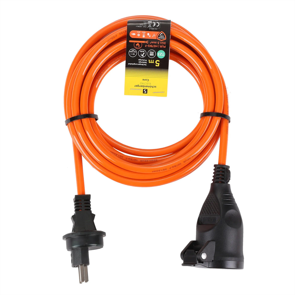 Blank Verlängerungskabel, T12–T13, 5 m, IP55, 3×1,5 mm² – Orange