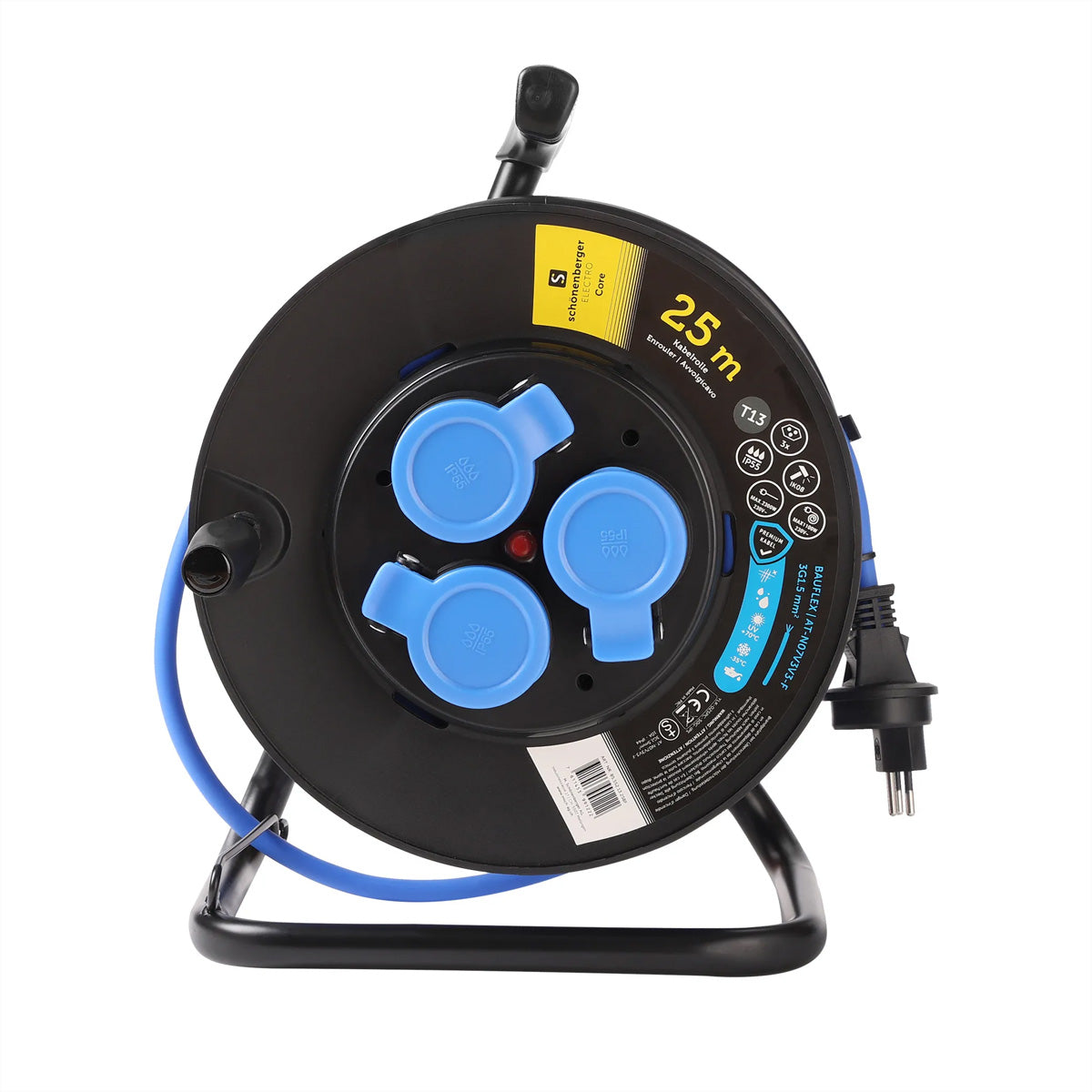 Blank Kabelrolle, 25 m, 3×T13, IP55, mit Kabelbefestigung – Blau