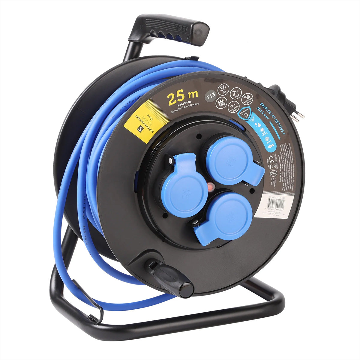 Blank Kabelrolle, 25 m, 3×T13, IP55, mit Kabelbefestigung – Blau