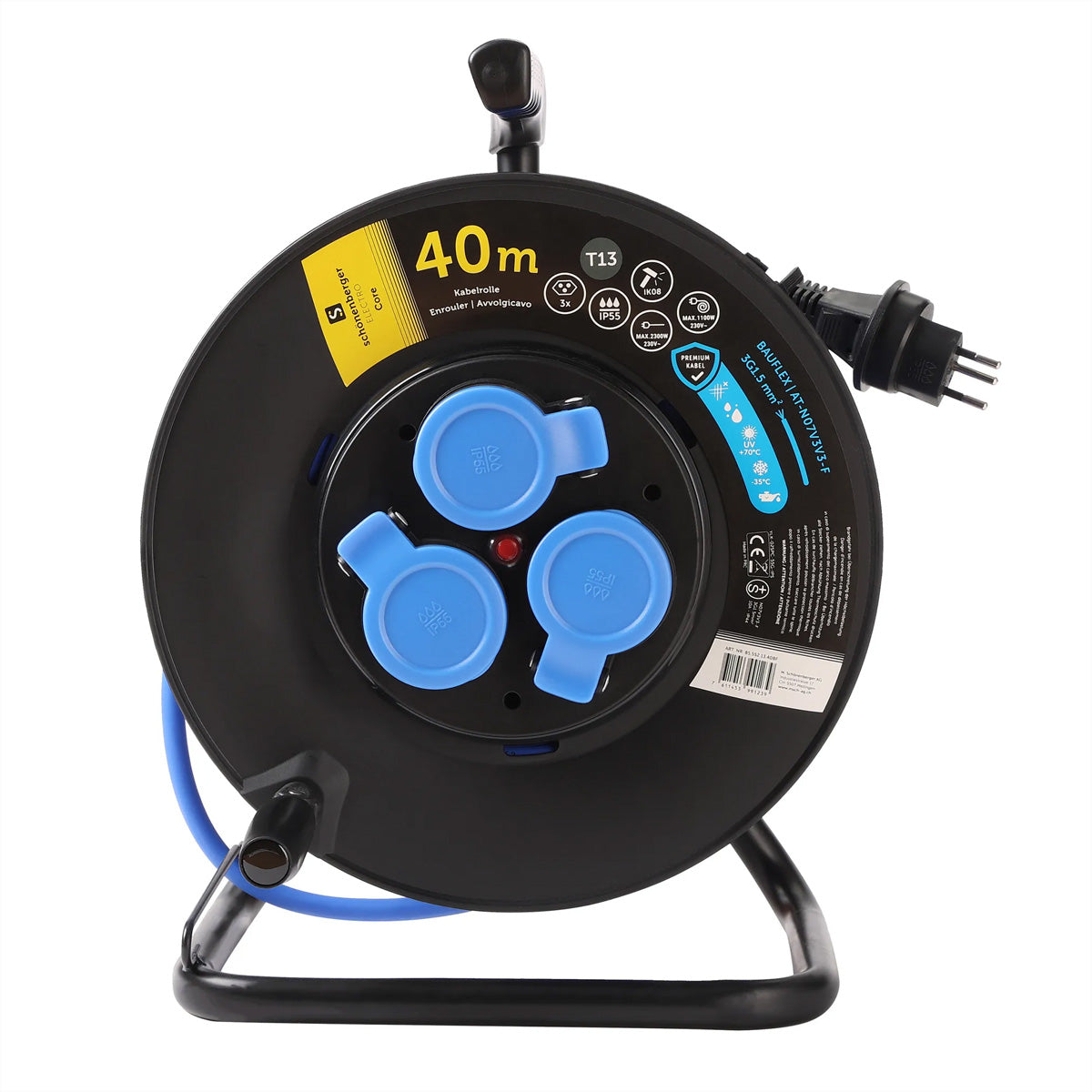 Blank Kabelrolle, 40 m, 3×T13, IP55, IK08, Kunststoffgehäuse – Blau