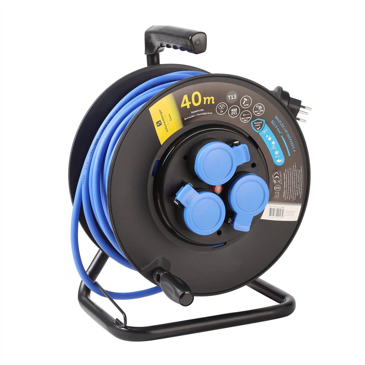 Blank Kabelrolle, 40 m, 3×T13, IP55, IK08, Kunststoffgehäuse – Blau