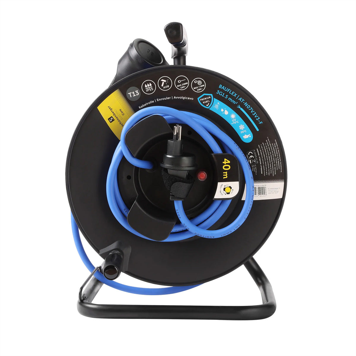 Blank Kabelrolle, 40 m, IP55, mit Kabelbefestigung, Stecker T13 10 A – Schwarz/Blau