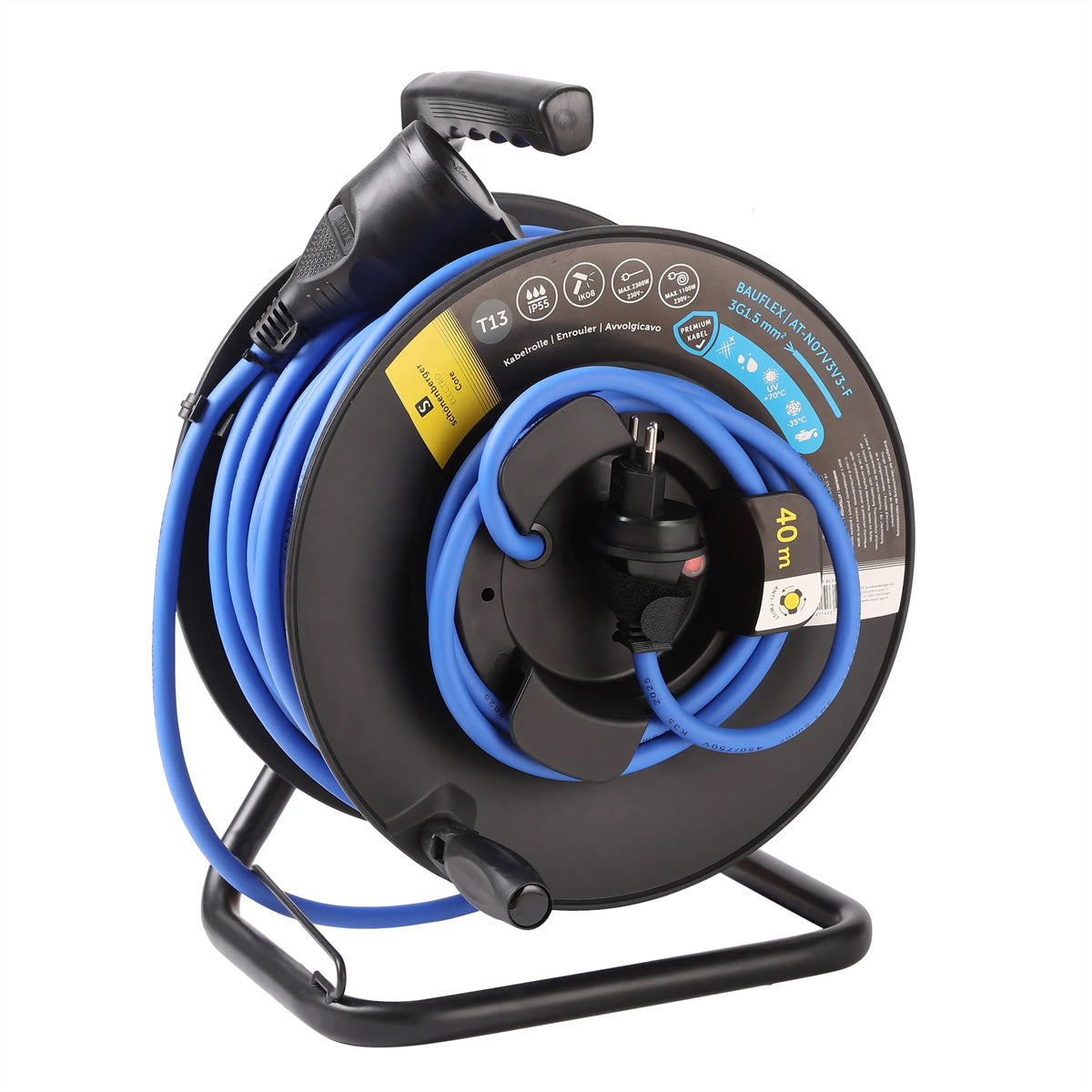 Blank Kabelrolle, 40 m, IP55, mit Kabelbefestigung, Stecker T13 10 A – Schwarz/Blau