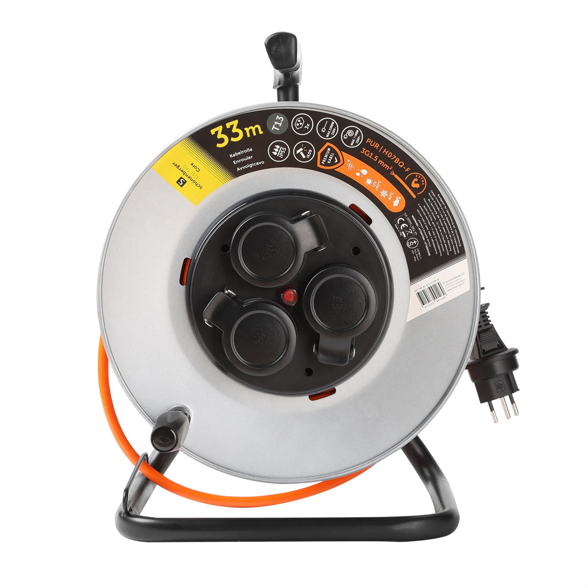 Blank Kabelrolle 33 m, 3×T13, IP55, EPR-PUR H07BQ-F 3G1,5 mm², Metall – Orange