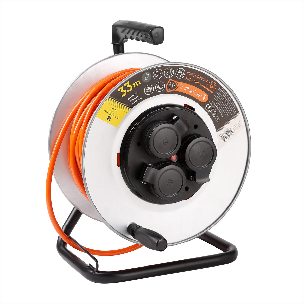Blank Kabelrolle 33 m, 3×T13, IP55, EPR-PUR H07BQ-F 3G1,5 mm², Metall – Orange
