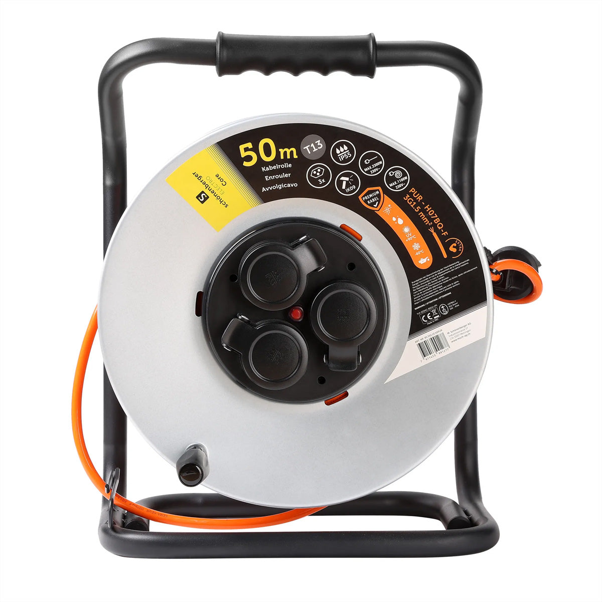 Blank Kabelrolle 50 m, 3×T13, IP55, EPR-PUR H07BQ-F 3G1,5 mm² – orange