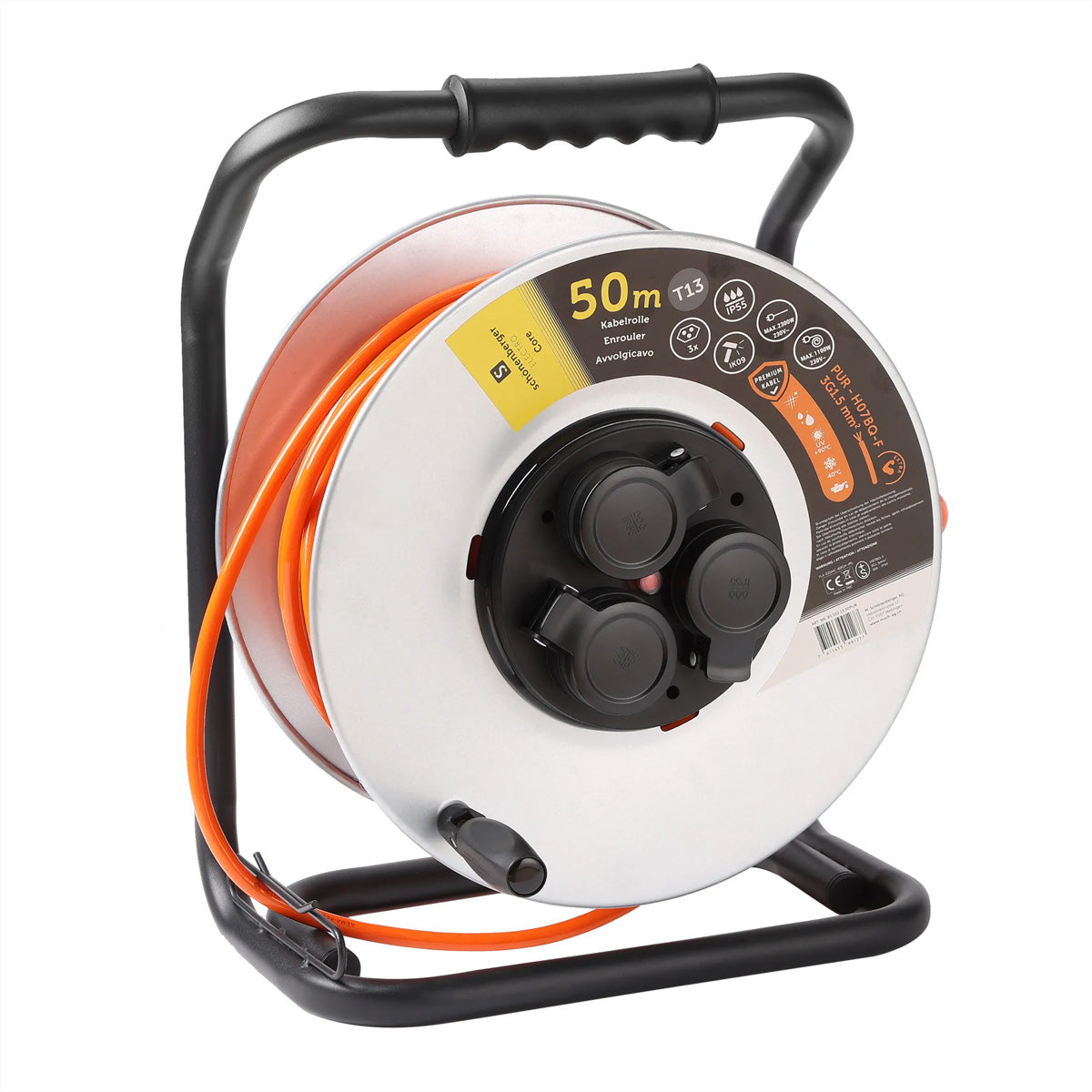 Blank Kabelrolle 50 m, 3×T13, IP55, EPR-PUR H07BQ-F 3G1,5 mm² – orange