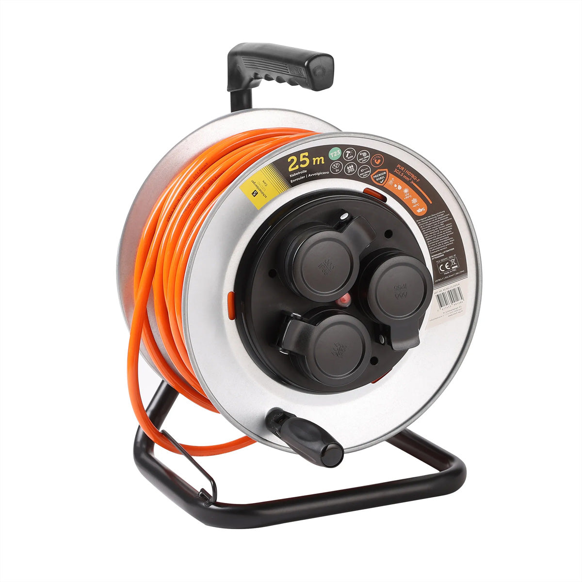 Blank Kabelrolle, 25 m, 3×T23, IP55, Metallgehäuse, EPR-PUR H07BQ-F 3G1,5 mm², IK09 – Orange