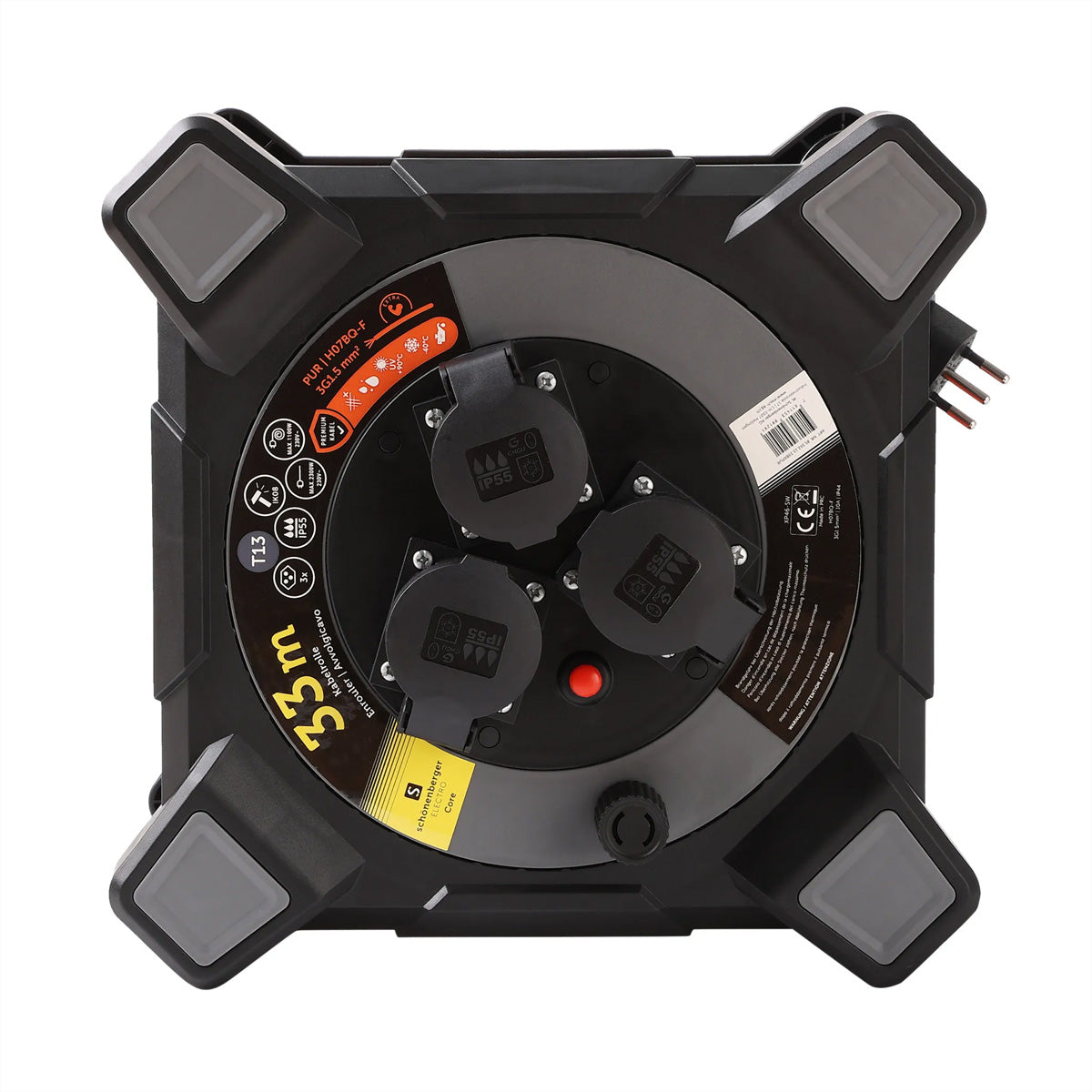 Blank Kabelrolle, 33 m, 3×T13, IP55, EPR-PUR H07BQ-F 3G1,5 mm², IK08 – Orange
