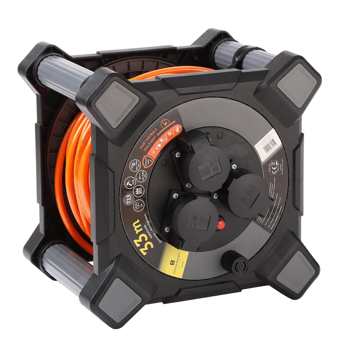 Blank Kabelrolle, 33 m, 3×T13, IP55, EPR-PUR H07BQ-F 3G1,5 mm², IK08 – Orange