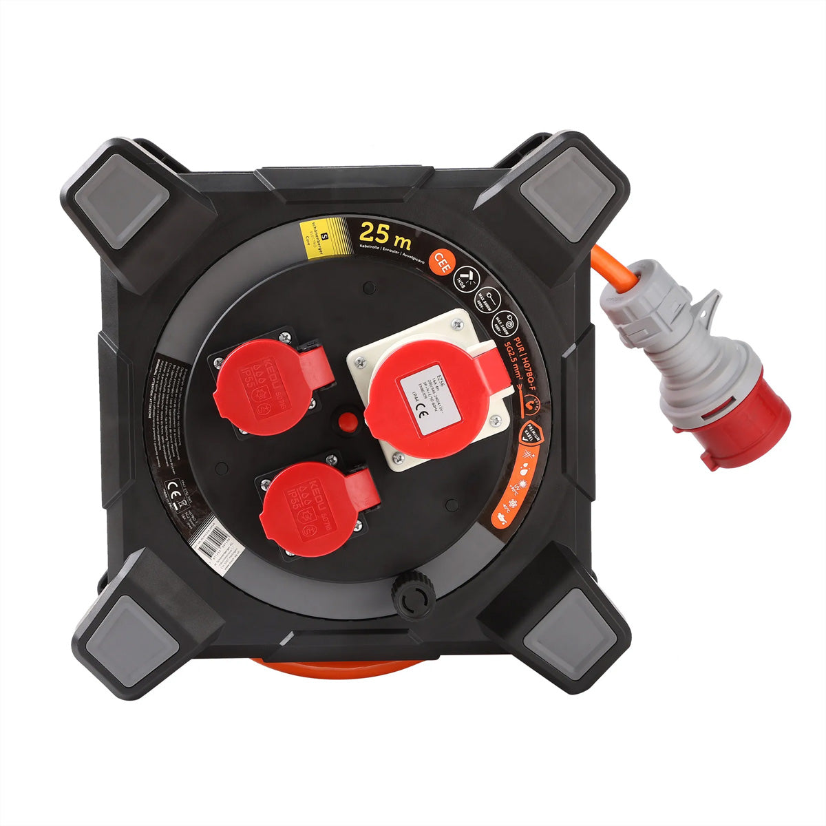 Blank Kabelrolle, 25 m, IP44, zur Kabelbefestigung, CEE 16-5 – orange