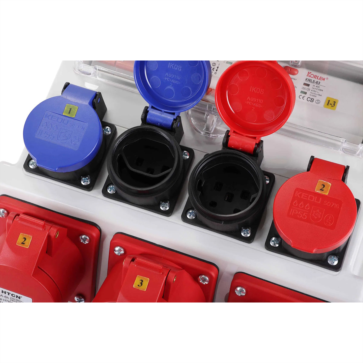 BLANK Stromverteiler – 32 A 5-pol, 400 V, IP44, 1×CEE32/5 + 1×CEE16/5, 2×T23 + 2×T25, grau