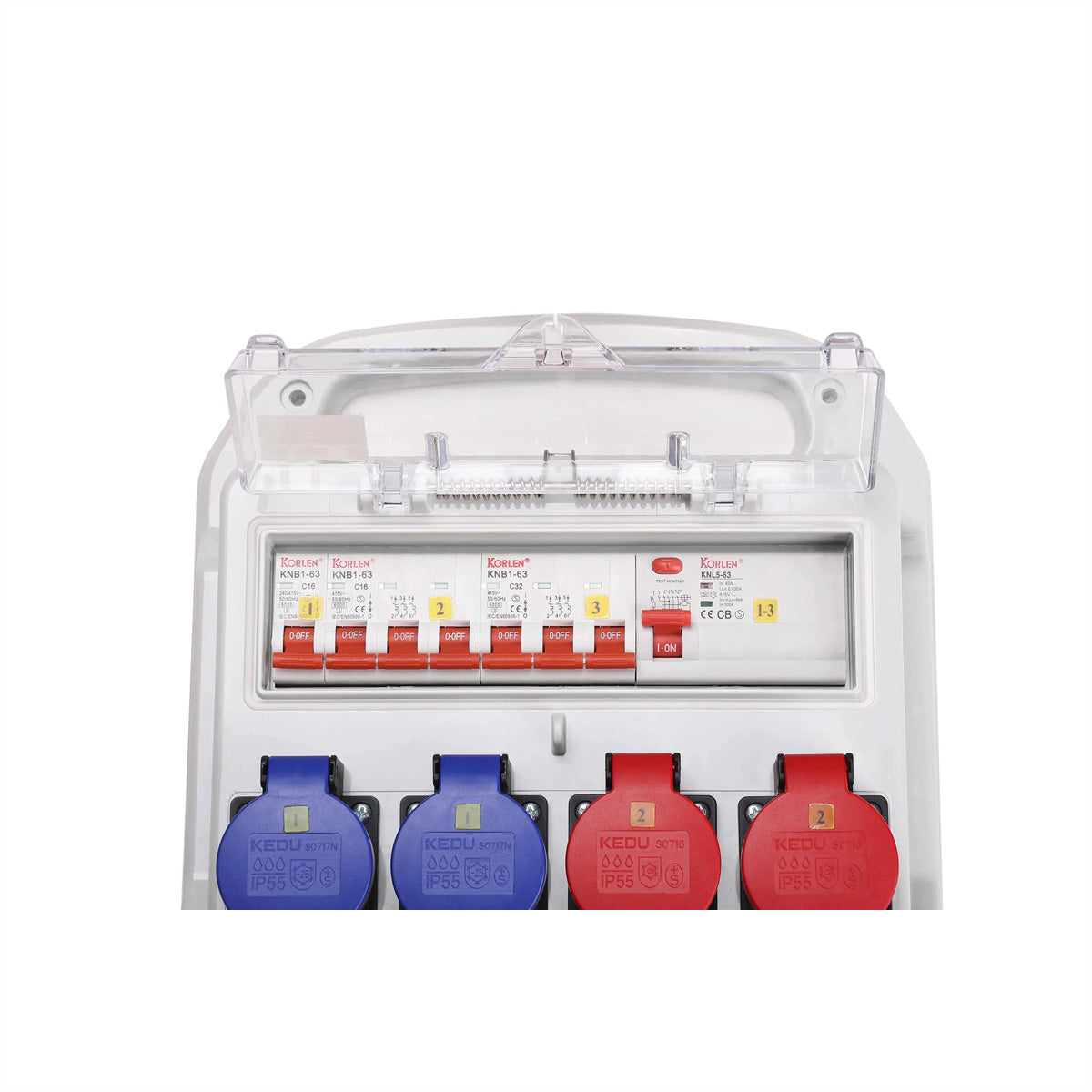 BLANK Stromverteiler – 32 A 5-pol, 400 V, IP44, 1×CEE32/5 + 1×CEE16/5, 2×T23 + 2×T25, grau