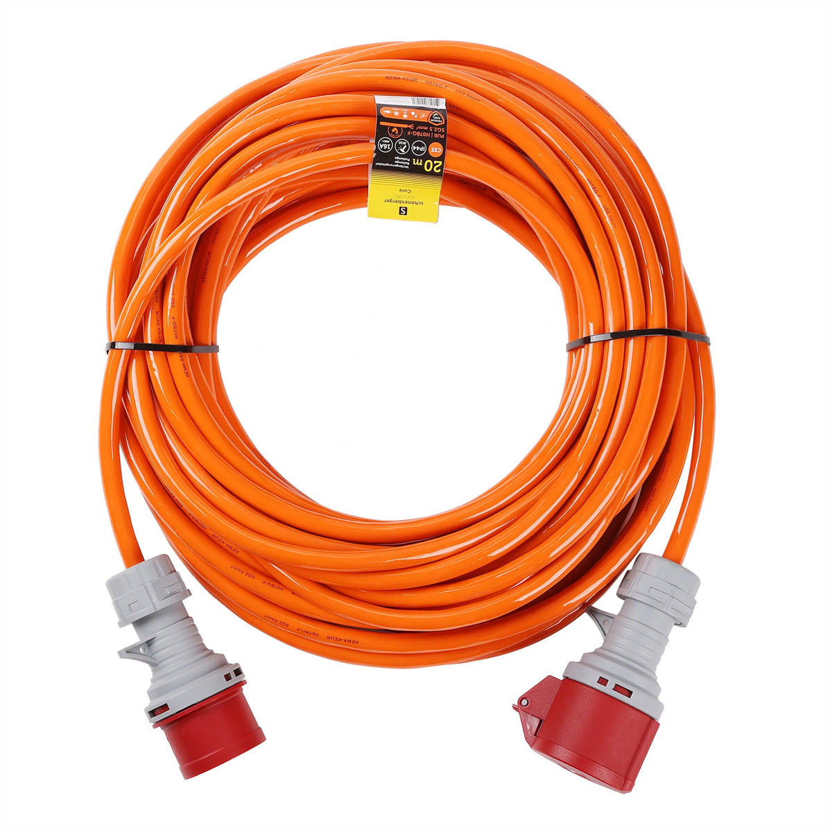 Blank Verlängerungskabel – CEE 5P 16A (3P+N+PE)–CEE 5P 16A (Kupplung), 20 m, IP44, 5×2,5 mm², Orange