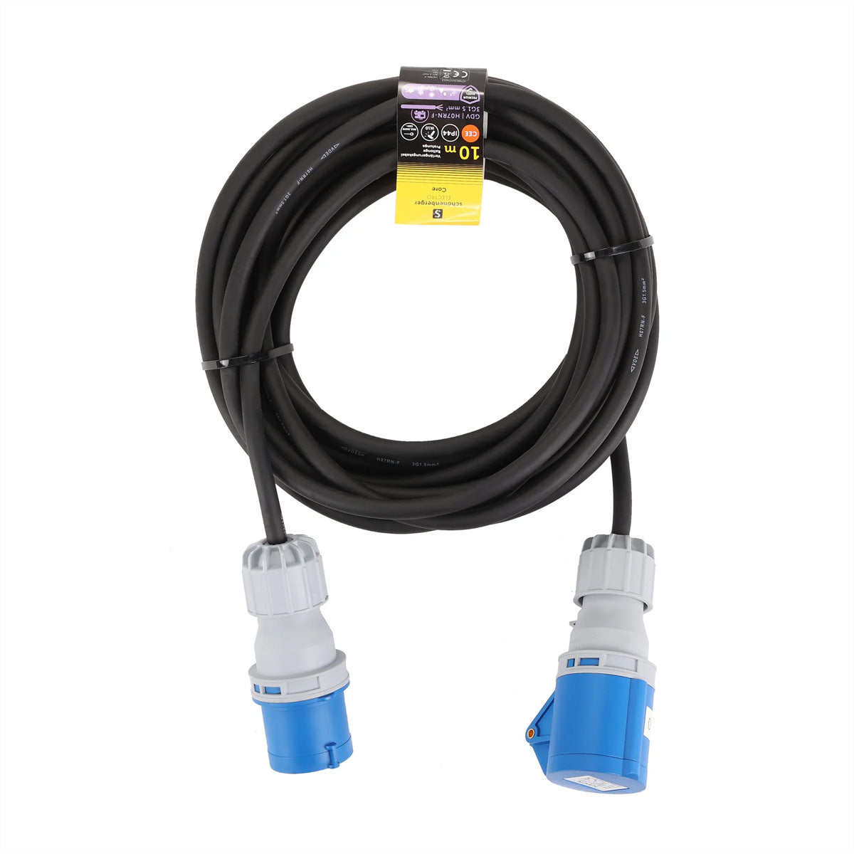 Blank Verlängerungskabel – CEE 16 A (blau) – CEE 16 A (Kupplung), 10 m, IP44, 3×1,5 mm², schwarz
