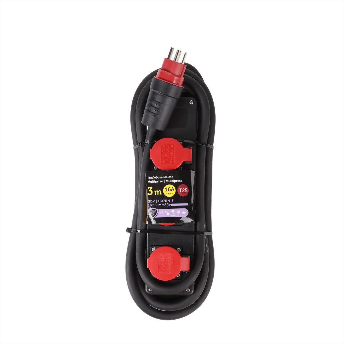 Blank Steckdosenleiste, 3×T25, ohne Schalter, 3 m, Eingang CEE 16-3, 16 A 400 V, IP55 – schwarz