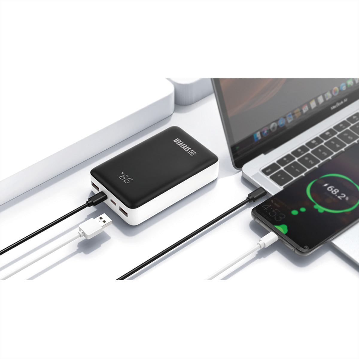 Steffen Powerbank 20'000 mAh – 65 W PD, 1× USB-C, schwarz/weiss