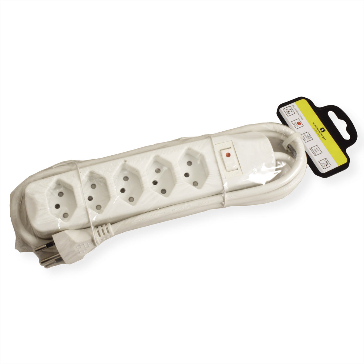 Blank Steckdosenleiste, 5×T13, mit Leuchtschalter, 1,5 m, Eingang T12, 205×45×45 mm – weiss